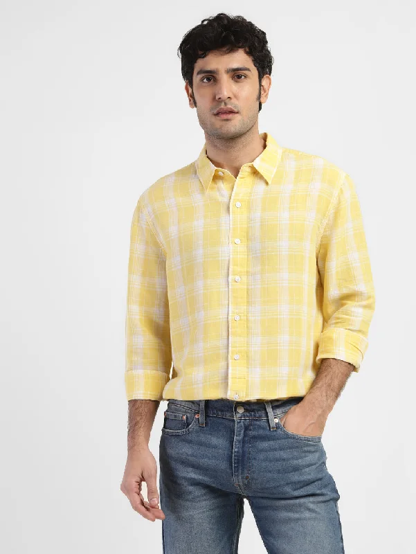 Men's Checkered Spread Collar Linen Shirt Laid