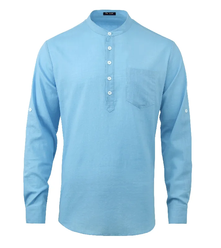 Men‘s Henley Shirt Linen with Pocket - SKY BLUE Cozy Men's Winter