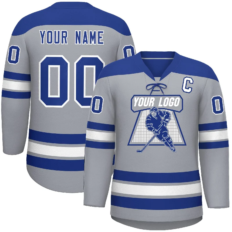 Custom Gray Royal White Personalized Classic Lace-Up Neck Hockey Jersey Refined Men's Velvet