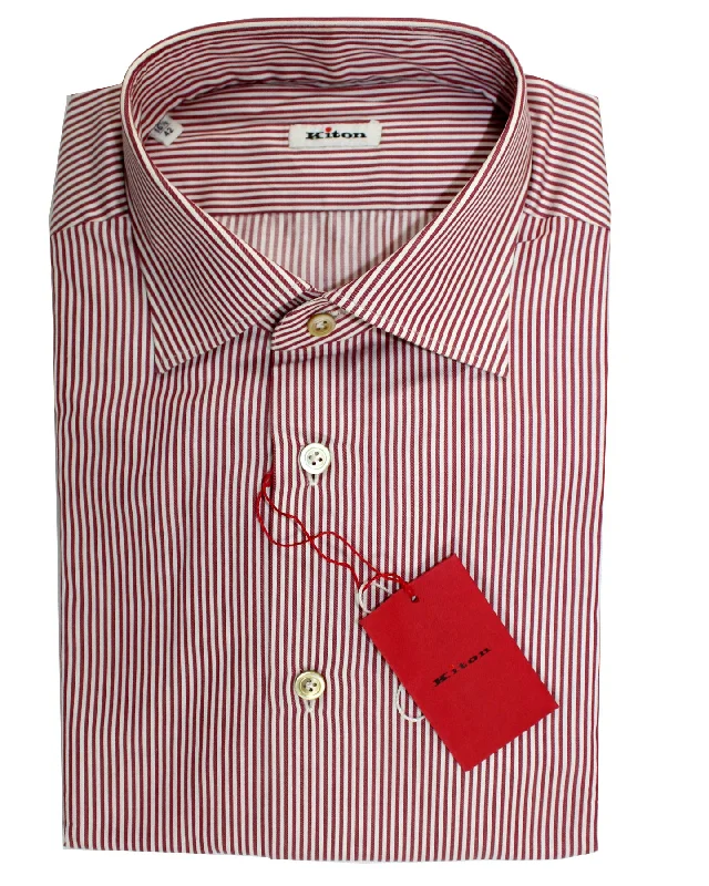 Kiton Shirt White Maroon Stripes Moderate Spread Collar 42 - 16 1/2 Unique Men's Upcycled