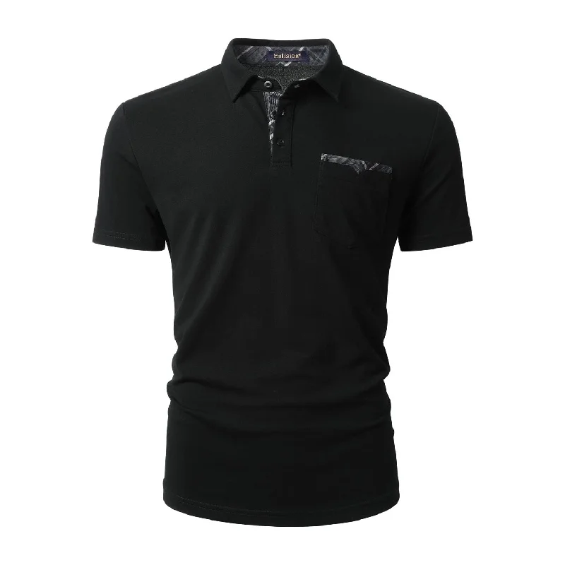 Men's Polo Shirt with Pocket - M-BLACK-CHECKED3 Unique Men's Patch