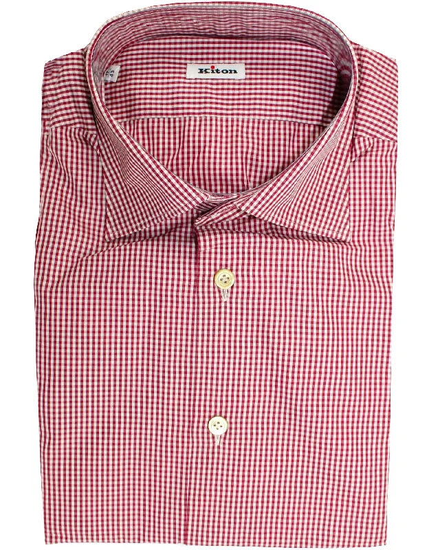 Kiton Dress Shirt White Maroon Gingham Check 43 - 17 Athletic Men's High