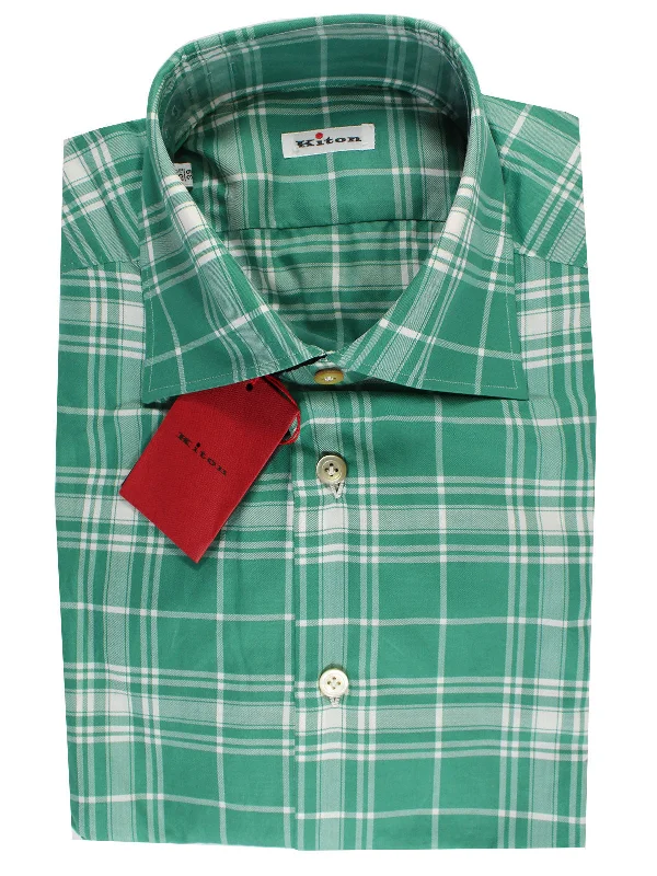 Kiton Sport Shirt White Green Plaid 39 - 15 1/2 REDUCED SALE Edgy Men's Punk