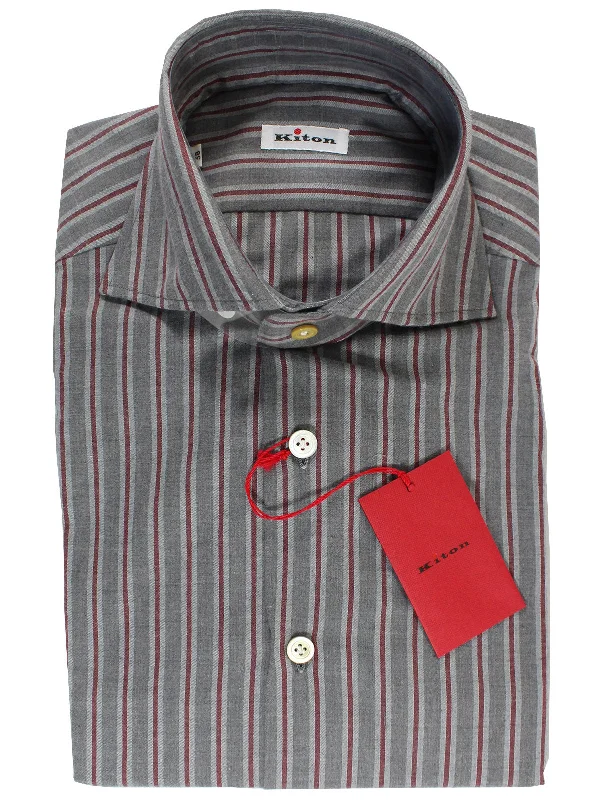 Kiton Shirt Gray Dark Red Stripes 38 - 15 SALE Bohemian Men's Free