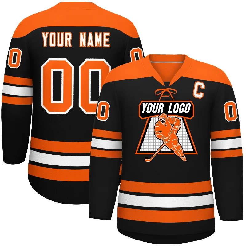 Custom Black Orange White Personalized Classic Lace-Up Neck Hockey Jersey Traditional Men's Country