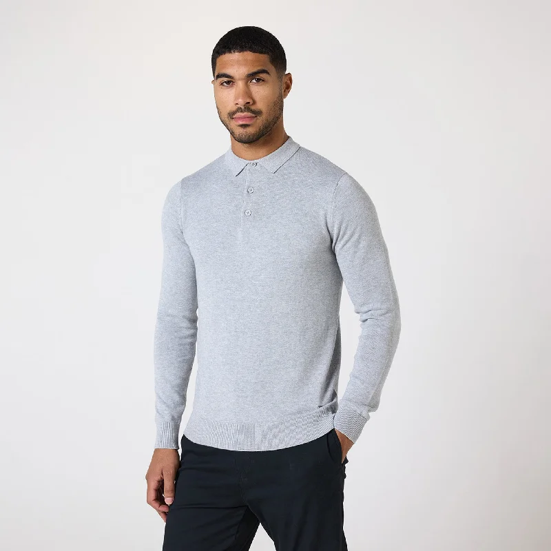 Long Sleeve Knitted Polo | Light Grey Marl Cool Men's Distressed