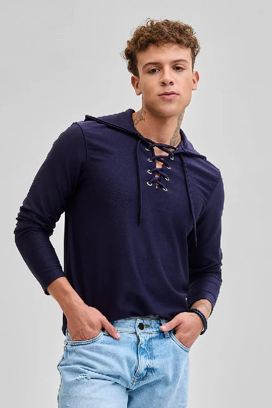 Navy Lace-Up Textured Hoodie Tailored