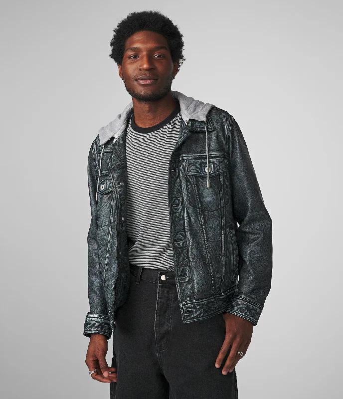 Crew Denim Leather Jacket With Hood British Gentleman Style