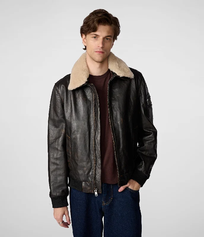 Jimmy Leather Aviator Bomber Jacket With Shearling Collar Youthful Men's Anime