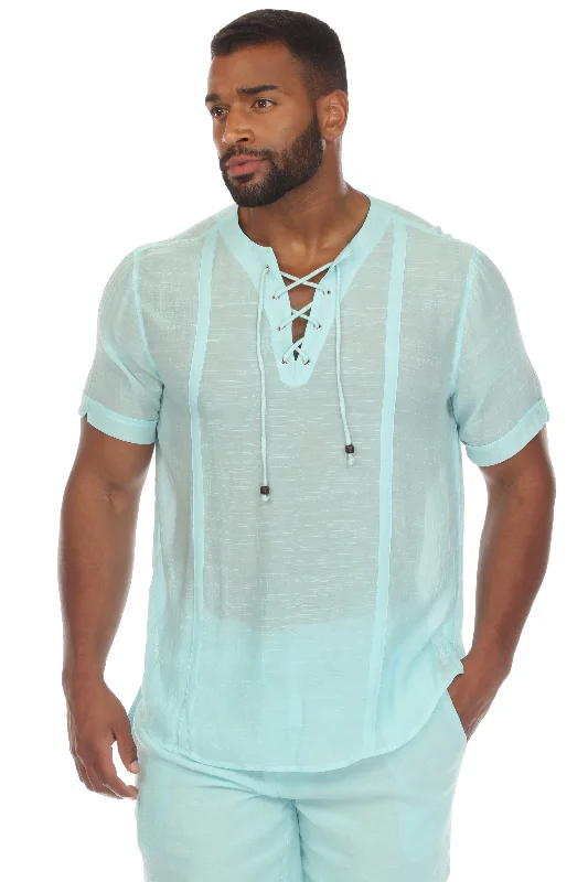 Men's Beachwear Henley Lace Up Shirt Short Sleeve Lumberjack