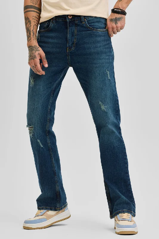 Dark Blue Distressed Bootcut Jeans Cclassic Men's Tweed