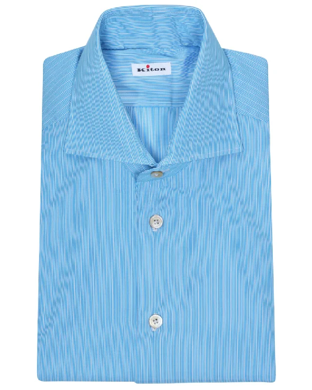 Turquoise and White Micro Stripe Cotton Sportshirt Relaxed Men's Beach