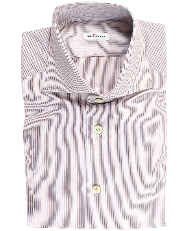 Kiton Shirt White Burgundy Blue Stripes 40 - 15 3/4 SALE Business