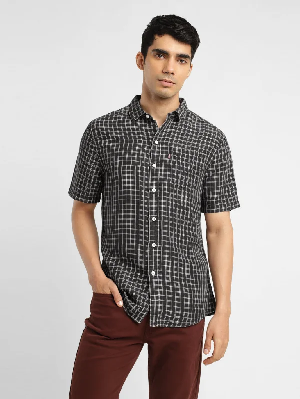 Men's Checkered Spread Collar Linen Shirt Athletic Men's Compression