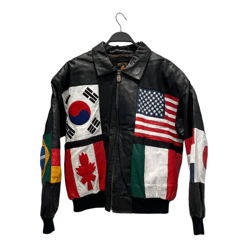 Phase 3 /Leather Jkt/L/Leather/BLK/All Over Print/Flag Jacket Hip Men's Retro