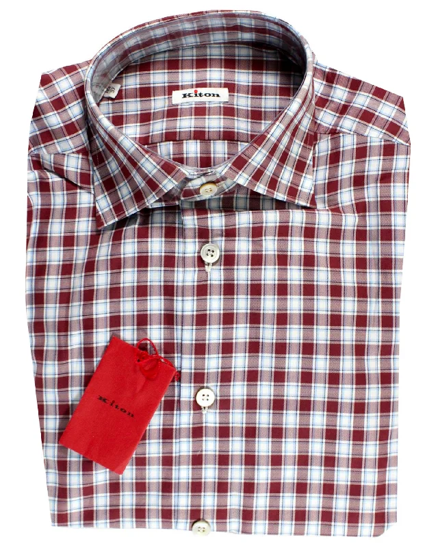 Kiton Shirt White Maroon Blue Plaid 38 - 15 SALE Tailored