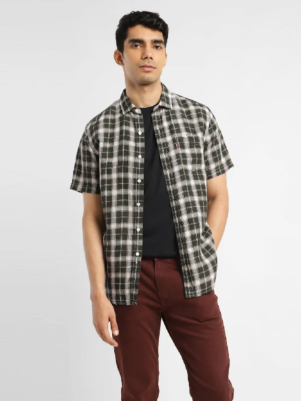 Men's Checkered Spread Collar Linen Shirt Casual Men's Short