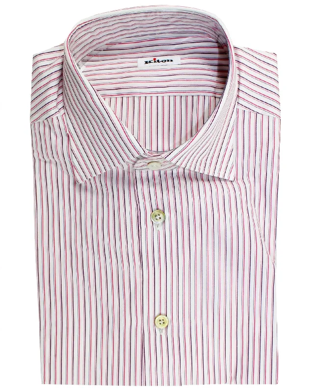 Kiton Dress Shirt White Pink Purple Stripes 40 - 15 3/4 SALE Masculine Men's Thick