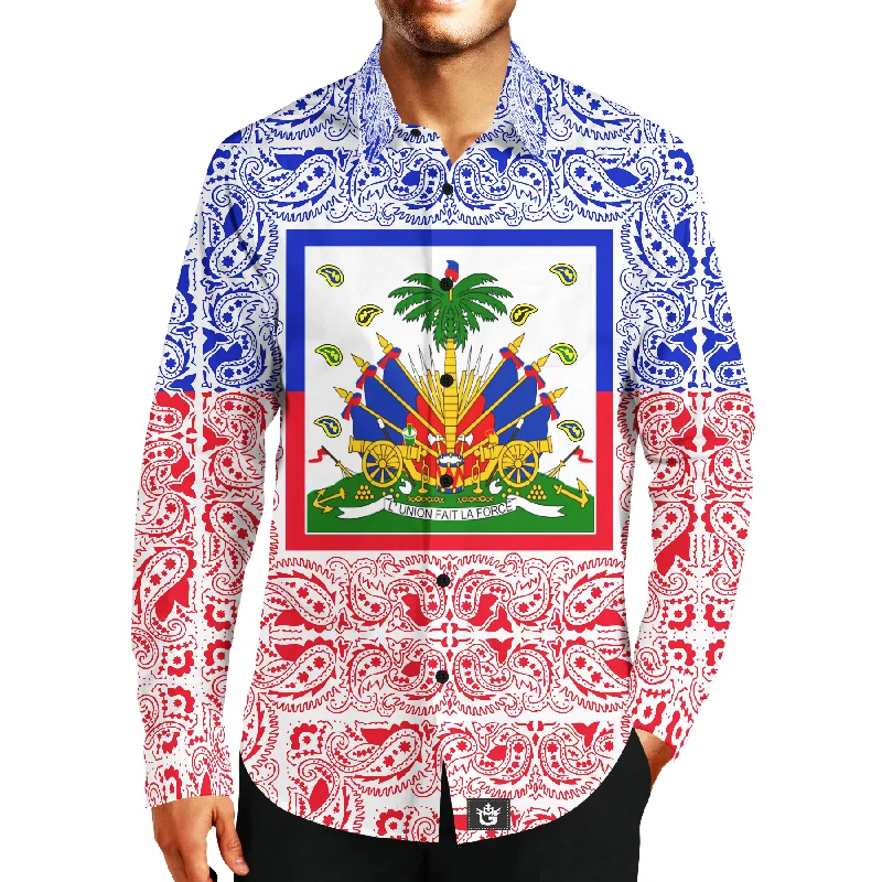 MEN'S FASHION TMMG LUXURY HAITI FLAG BANDANA DRESS SHIRT Casual Men's Loose