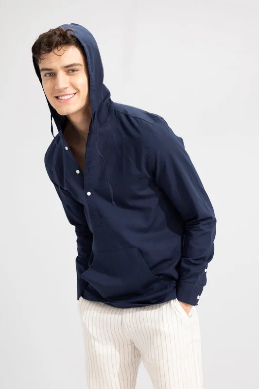 Brezee Linen Navy Hoodie Shirt Sophisticated Men's 