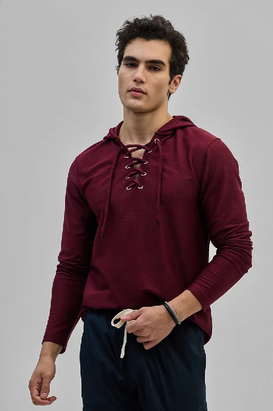 Maroon Lace-Up Textured Hoodie Unique Men's Upcycled