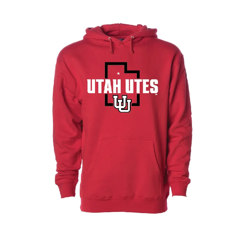 Utah Utes - State Outline - Interlocking UU  Embroidered Hoodie Sporty Men's Athleisure 