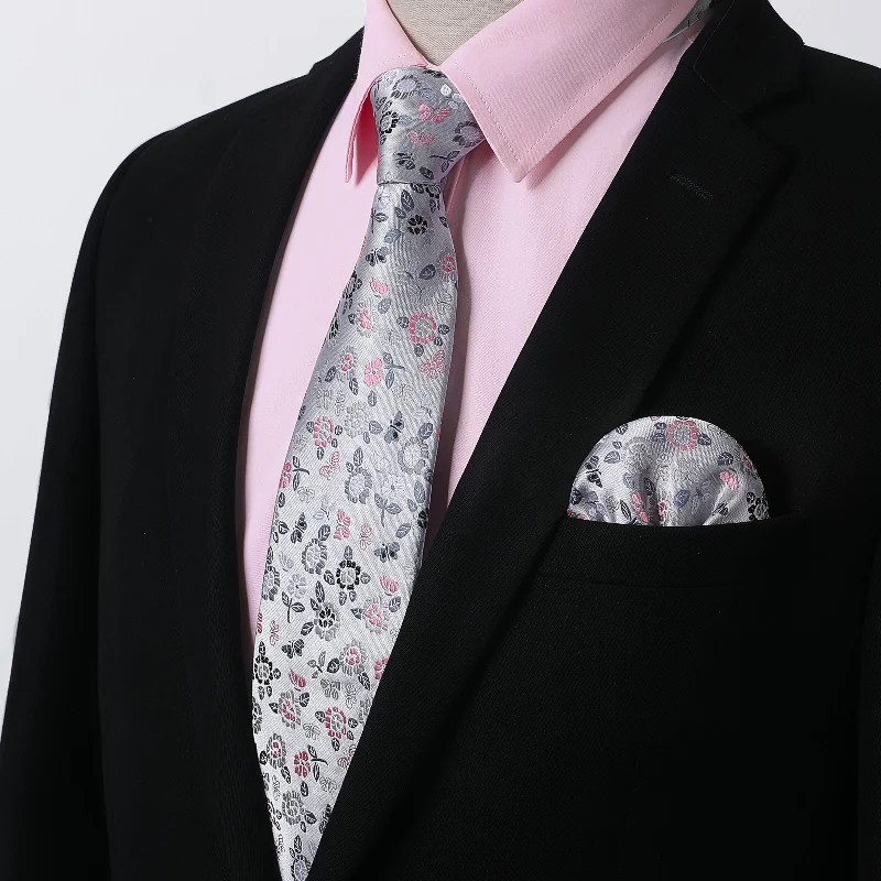 Men's Shirt with Tie Handkerchief Set - 05-PINK/FLORAL Dapper Men's 1920S