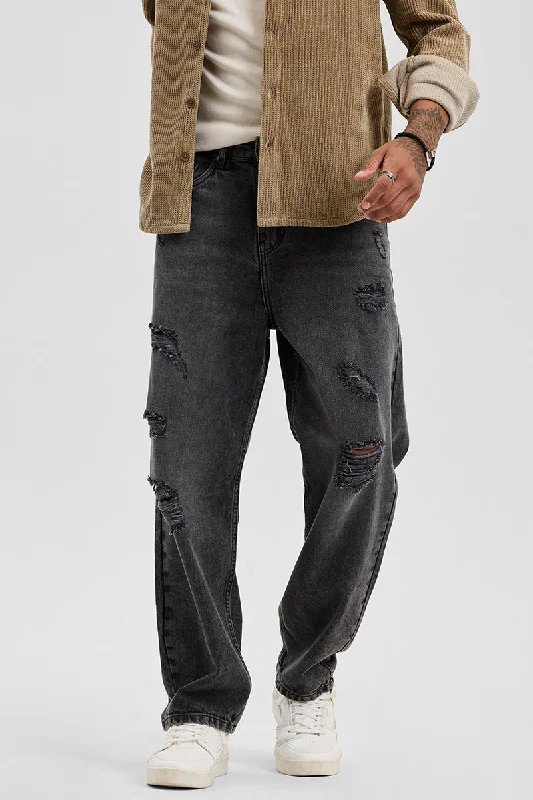 Charcoal Grey Distressed Loose Fit Jeans Hip Men's Retro