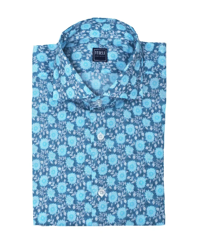 Blue and White Multi Floral Dress Shirt Unique Men's Patch