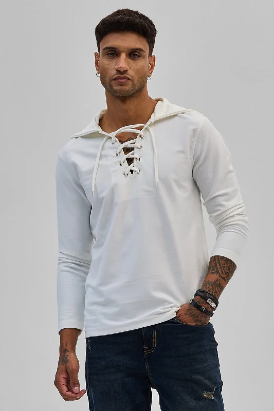 White Lace-Up Textured Hoodie Stylish Men's Tropical 