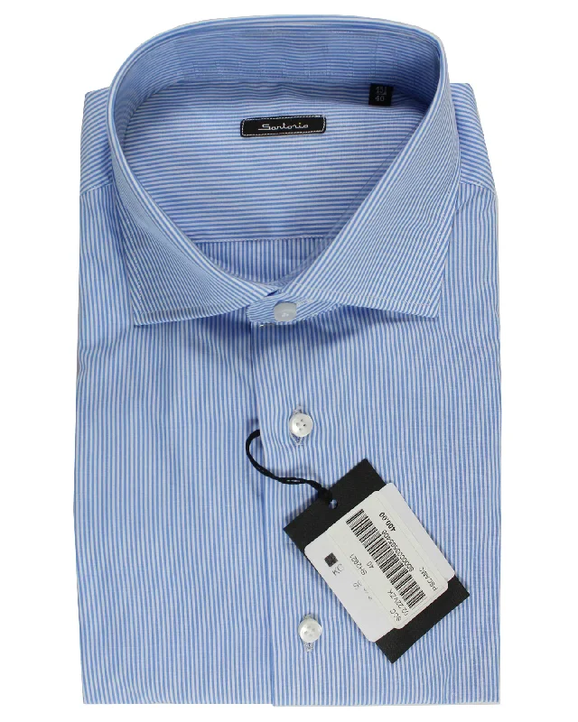 Sartorio Dress Shirt White Blue Stripes 39 - 15 1/2 Slim Fit Unique Men's Patch