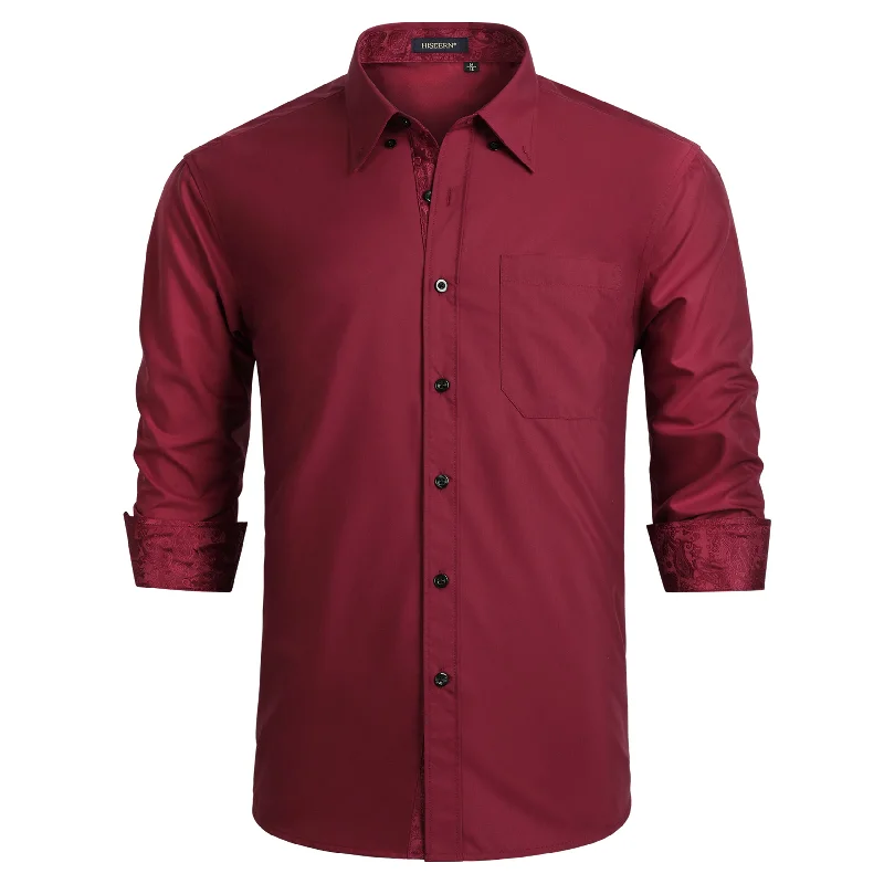 Men's Patchwork Dress Shirt with Pocket - 09-BURGUNDY / PAISLEY Laid