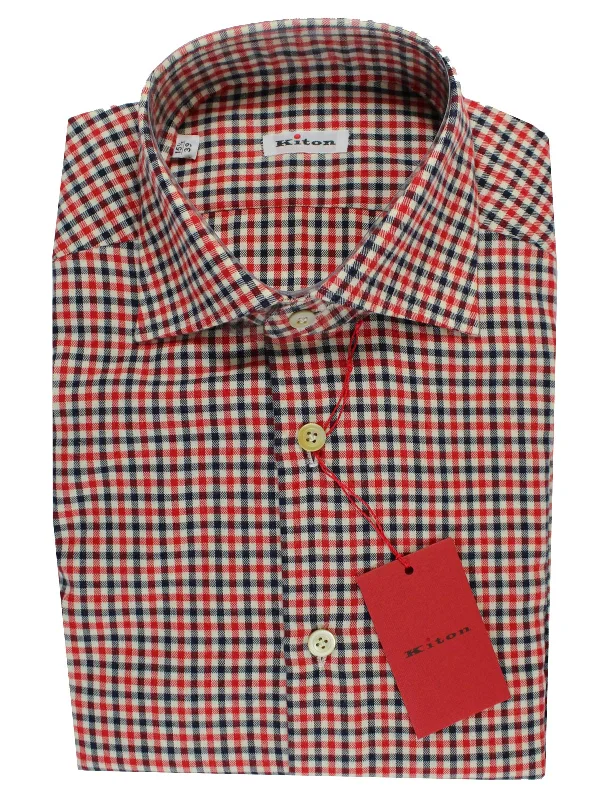 Kiton Dress Shirt White Navy Red Check Design 39 - 15 1/2 SALE Elegant Men's Cashmere