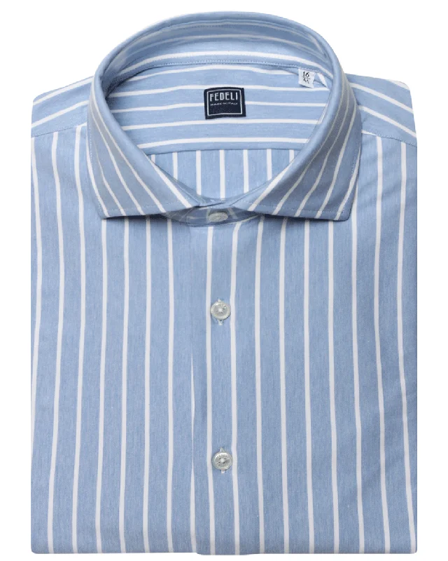 Light Blue and White Wide Striped Stretch Cotton Blend Sportshirt Sleek Men's Contemporary 