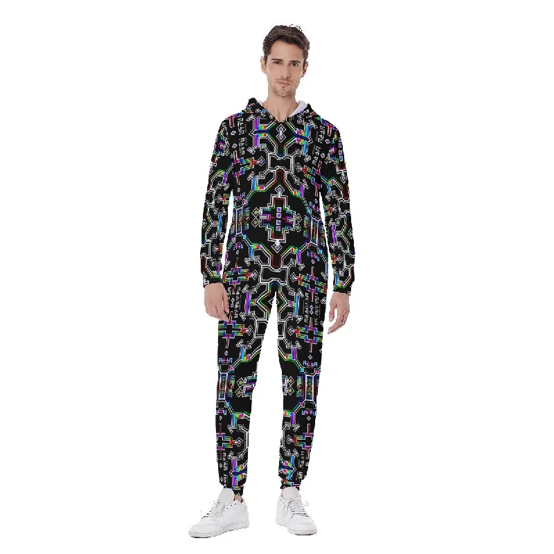 Prismatic Grid Men's Hooded Jumpsuit / Bodysuit / Onesie Practical Men's Quick