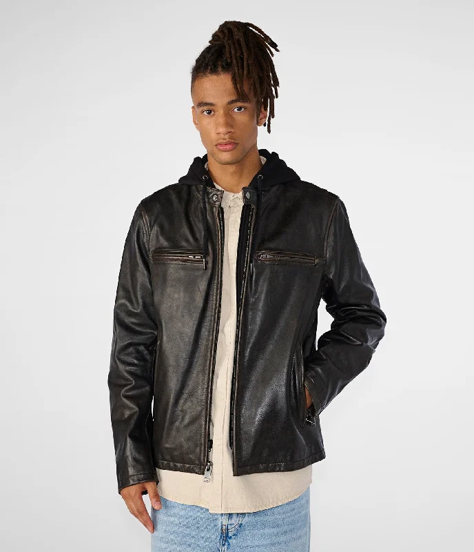 Alan Leather Jacket With Hood Casual Men's Loose