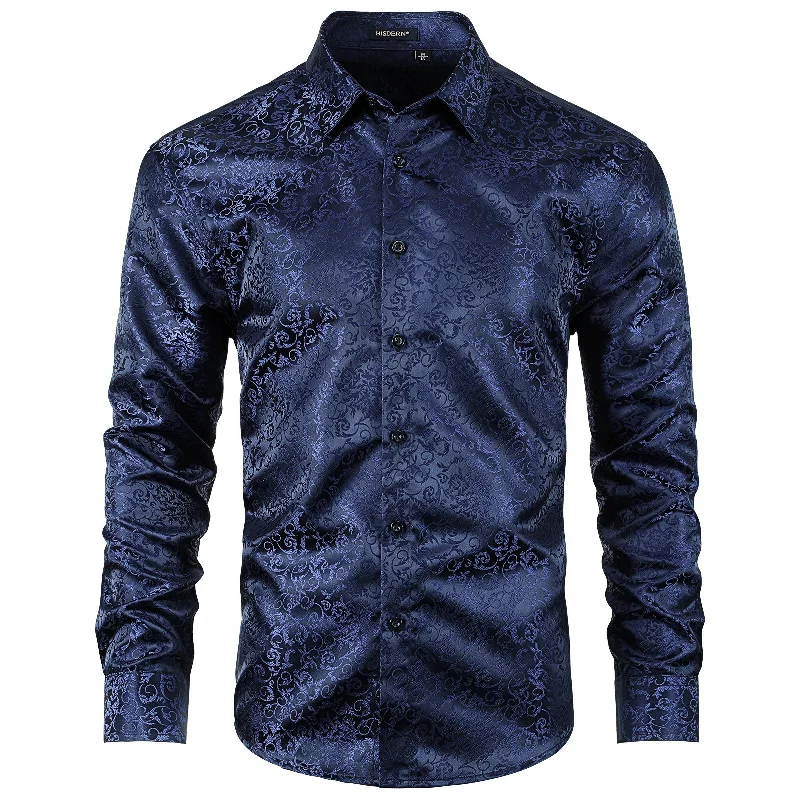 Floral Satin Dress Shirt - 04-NAVY BLUE Sleek Men's Metallic