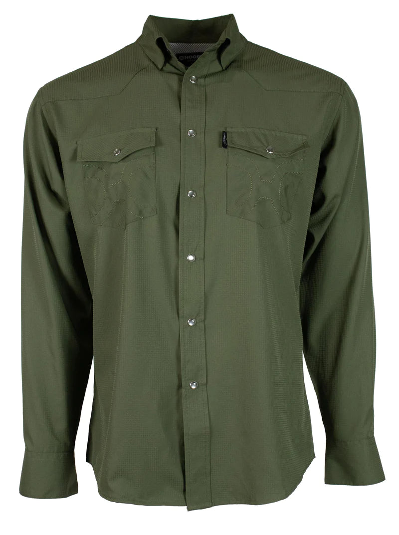 Hooey "Sol" Olive Long Sleeve Pearl Snap Shirt Beach