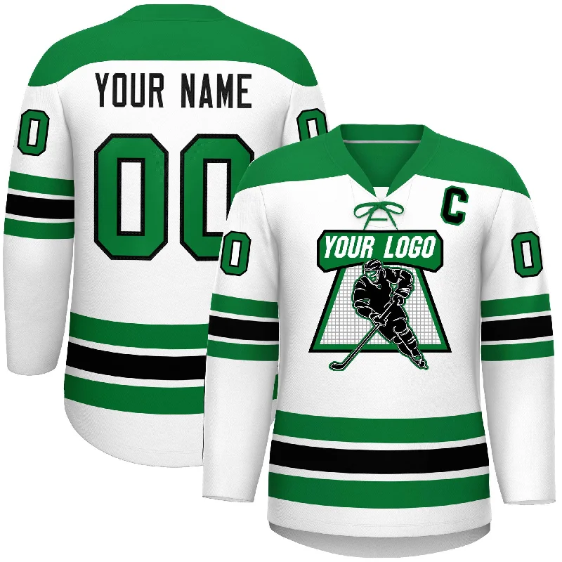 Custom White Kelly Green Black Personalized Classic Lace-Up Neck Hockey Jersey Dynamic Men's Glow