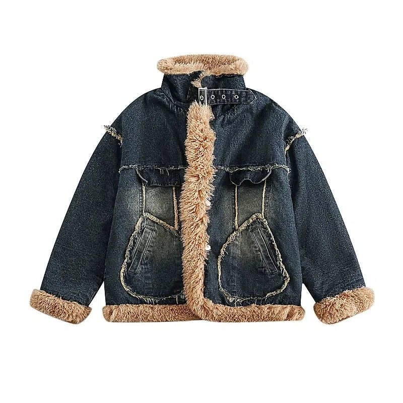 Denim Jacket with Faux Fur Trim Laid