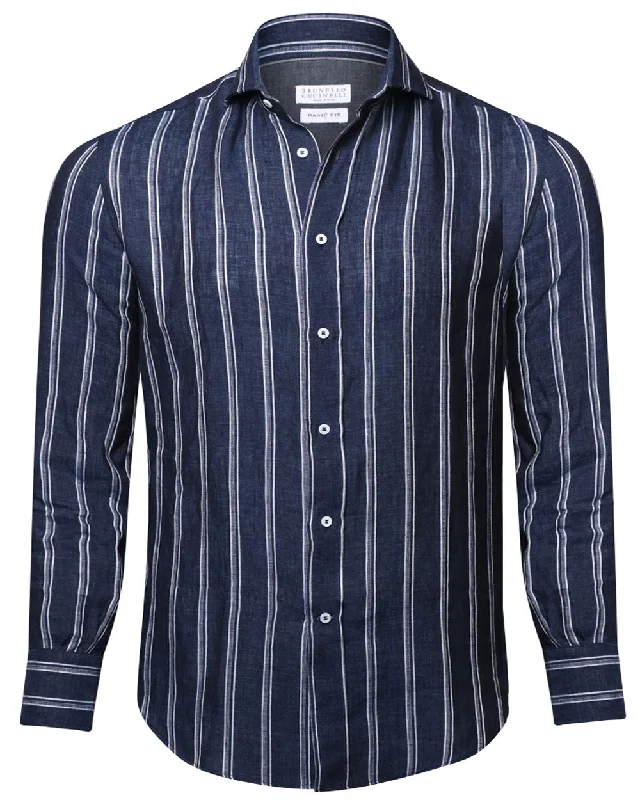 Navy and Denim Striped Sportshirt Athletic Men's Compression