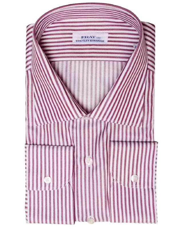 White and Plum Stripe Cotton Byron Dress Shirt Edgy Men's Punk