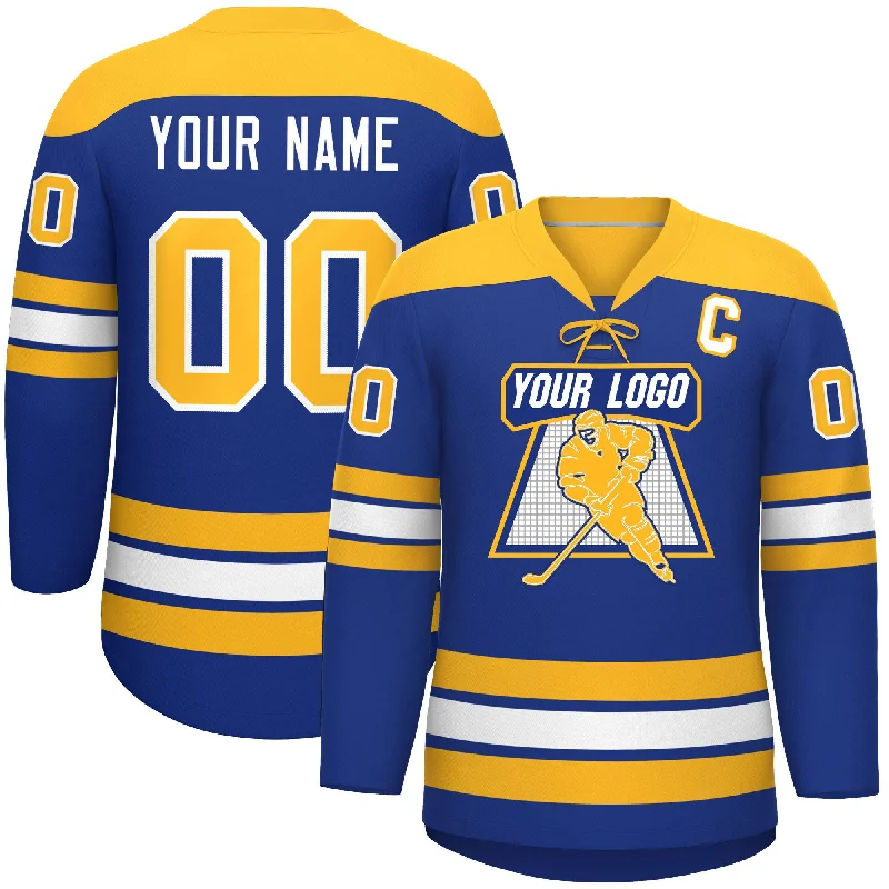 Custom Royal Gold White Personalized Classic Lace-Up Neck Hockey Jersey Sharp Men's Italian