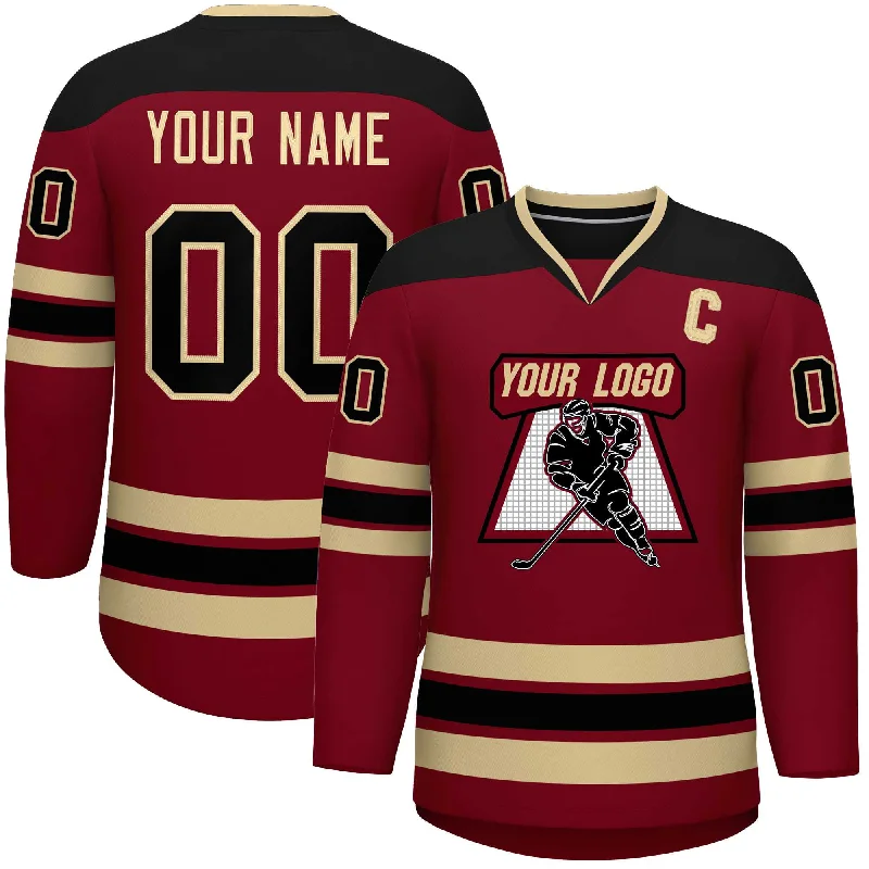 Custom Crimson Black-Black Personalized Classic V-Neck Hockey Jersey Cool Men's Distressed