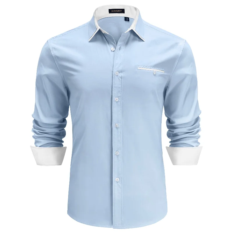 Men's Patchwork Dress Shirt with Pocket - BLUE/WHITE Preppy Men's College