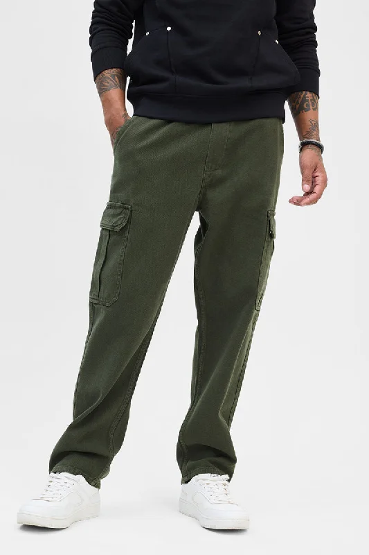 Olive Comfort Fit Pull On Cargo Jeans Modern Men's Geometric