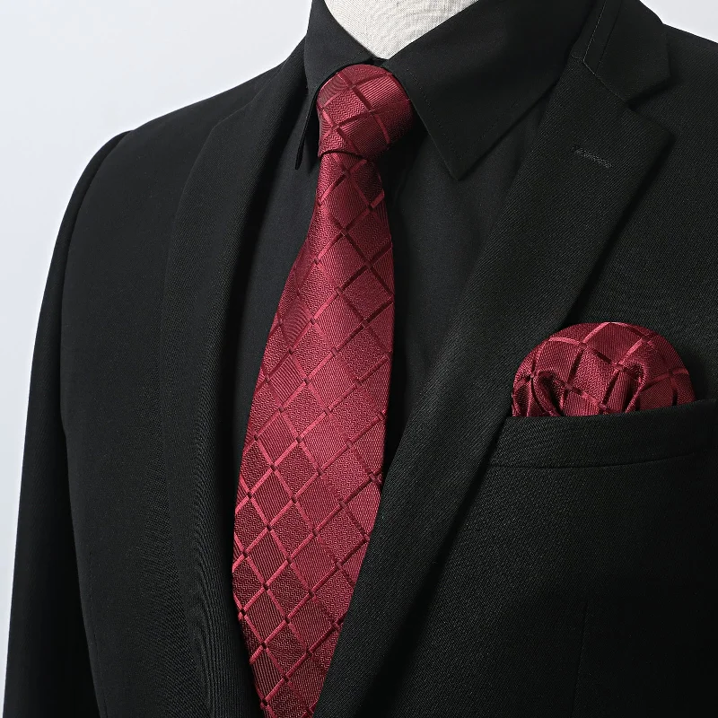 Men's Shirt with Tie Handkerchief Set - 01-BLACK/RED Modern Men's Geometric