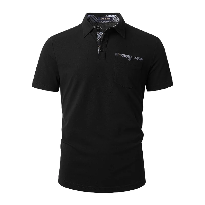 Men's Polo Shirt with Pocket - K-BLACK-CHECKED1 Casual Men's Short