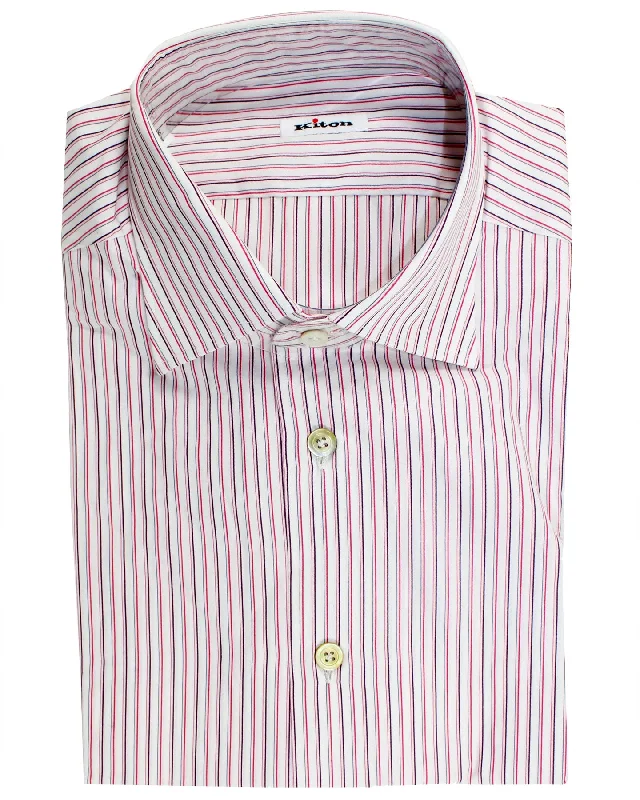 Kiton Dress Shirt White Pink Blue Stripes 42 - 16 1/2 Masculine Men's 