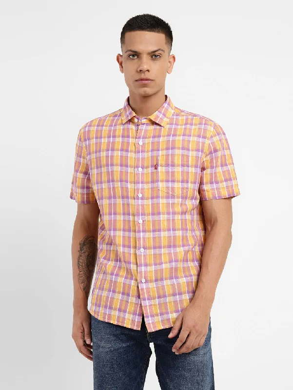 Men's Checkered Spread Collar Linen Shirt Elegant Men's Formal 